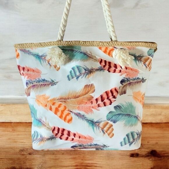 Feather Print Rope Handle Boho Zippered Tote - Picture 1 of 11